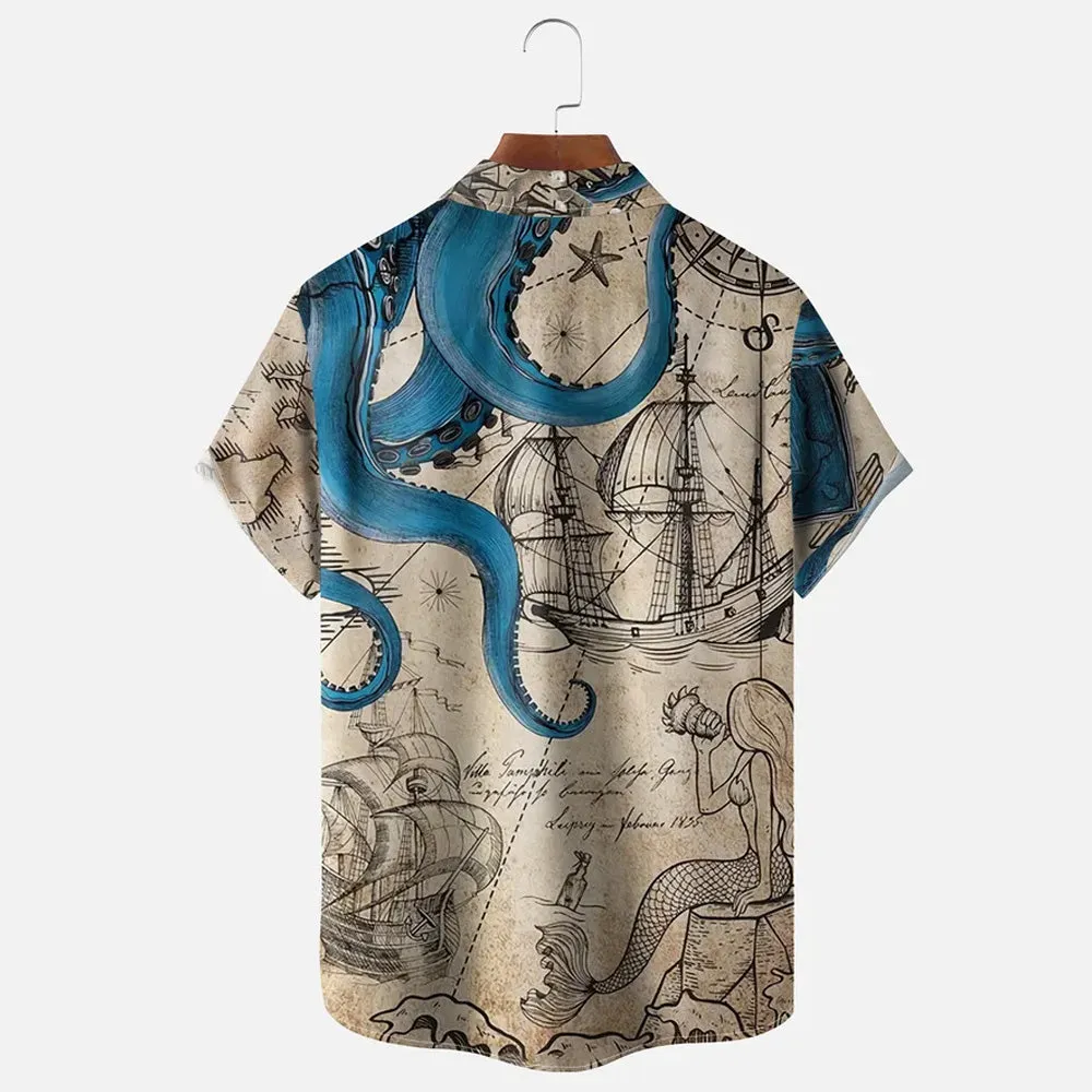 Men's Abstract Octopus Sailing Casual Short Sleeve Shirt