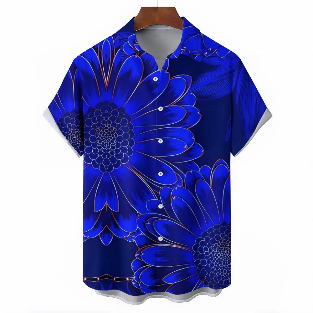 Men's Blue Daisy Print Casual Flower Short Sleeve Shirt 2412005891