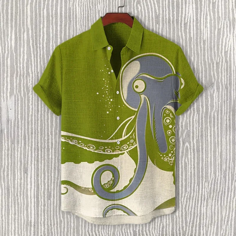 Men's Funny Octopus Color Block Art Print Casual Shirt