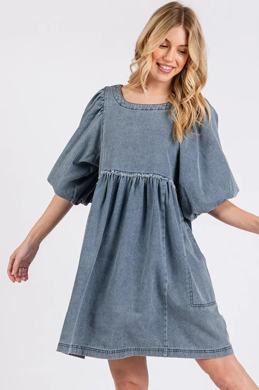 Mineral Washed Round Neck Puff Sleeve Denim Dress