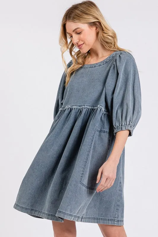 Mineral Washed Round Neck Puff Sleeve Denim Dress
