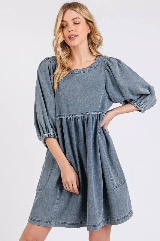 Mineral Washed Round Neck Puff Sleeve Denim Dress