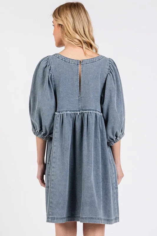 Mineral Washed Round Neck Puff Sleeve Denim Dress