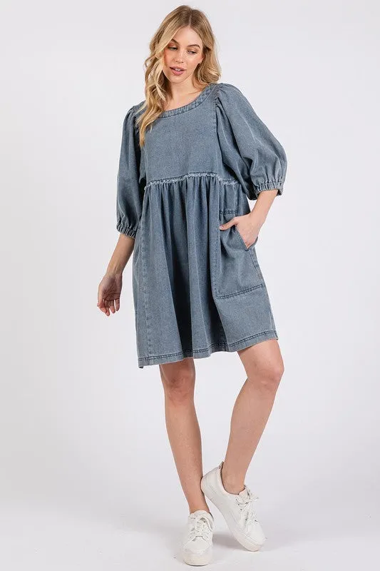 Mineral Washed Round Neck Puff Sleeve Denim Dress