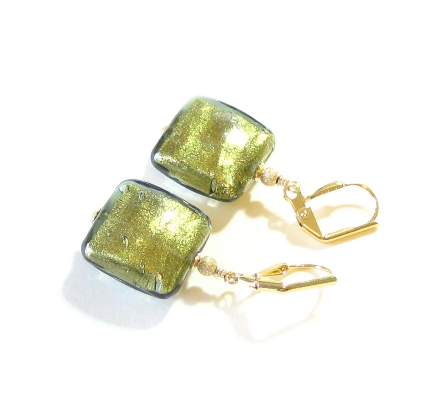 Murano Glass Olive Green Square Gold Earrings, Leverback Earrings