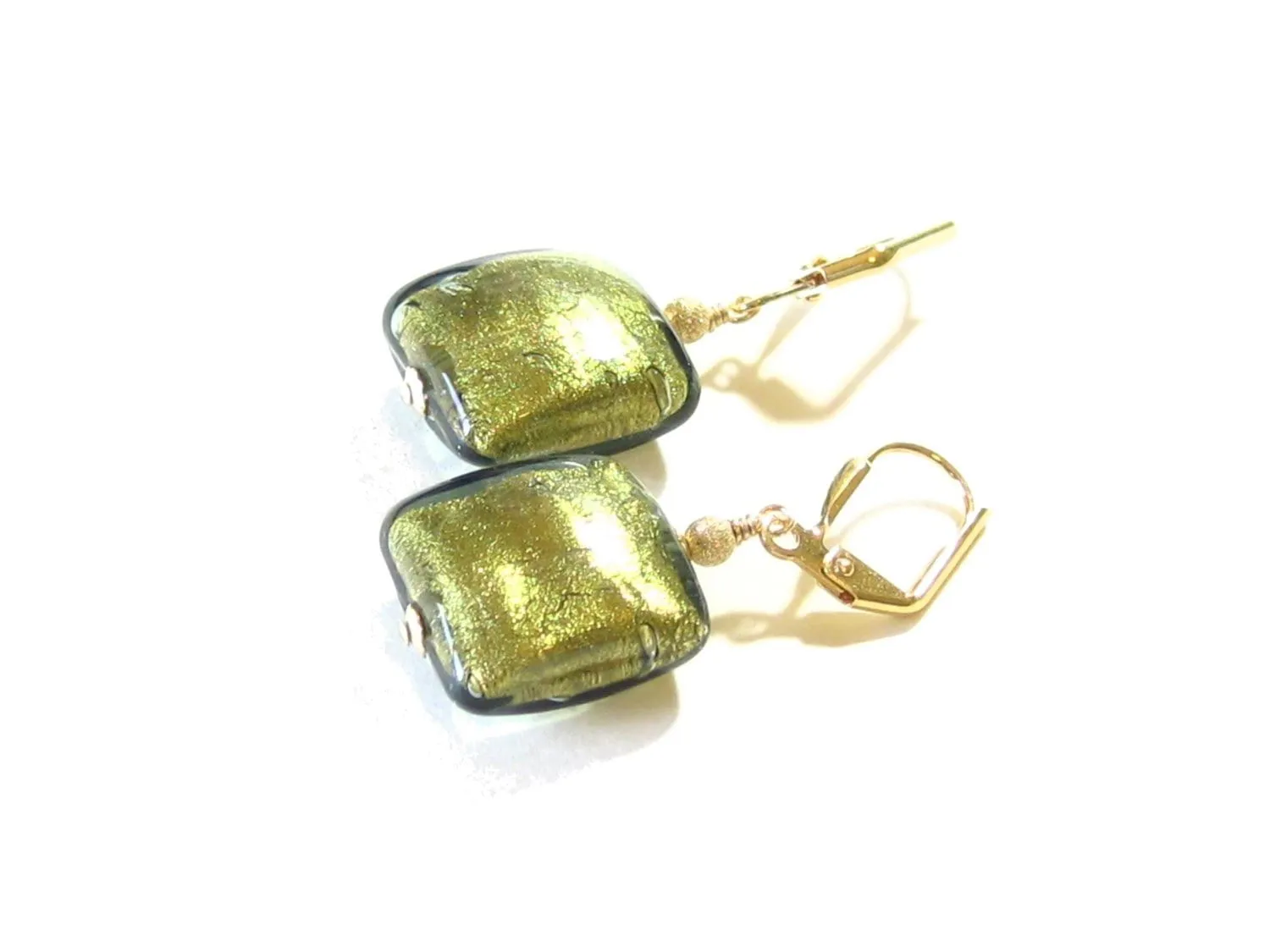 Murano Glass Olive Green Square Gold Earrings, Leverback Earrings