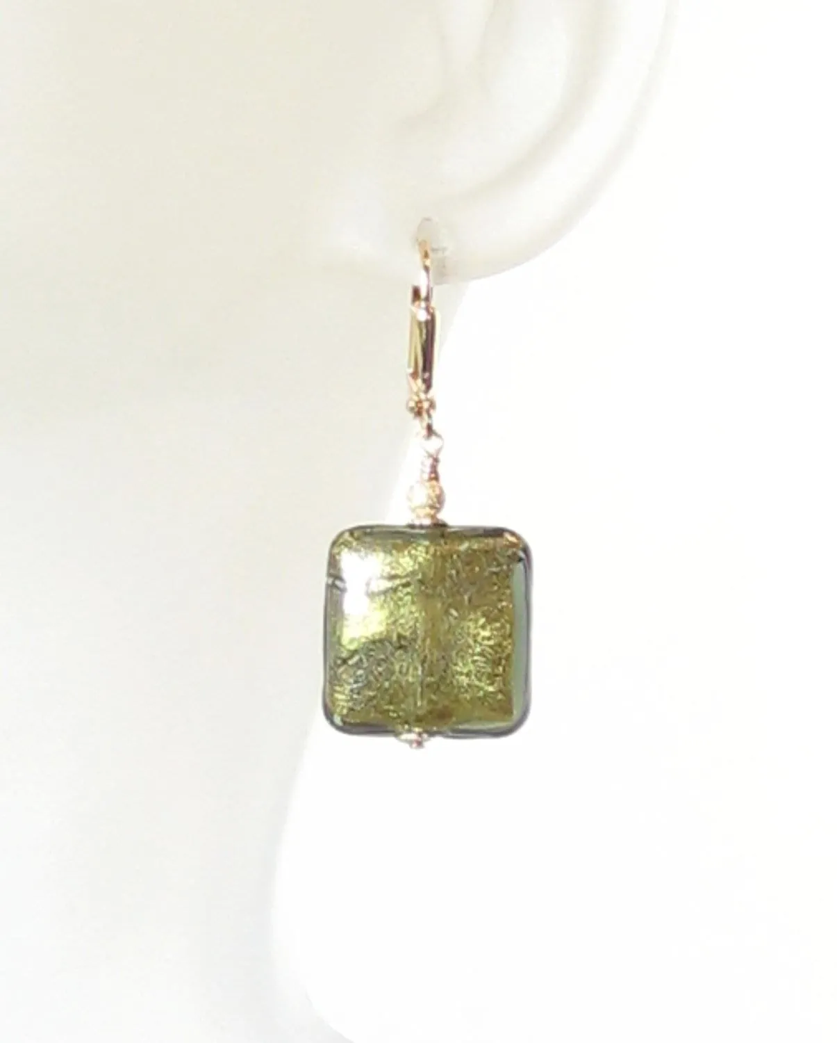 Murano Glass Olive Green Square Gold Earrings, Leverback Earrings