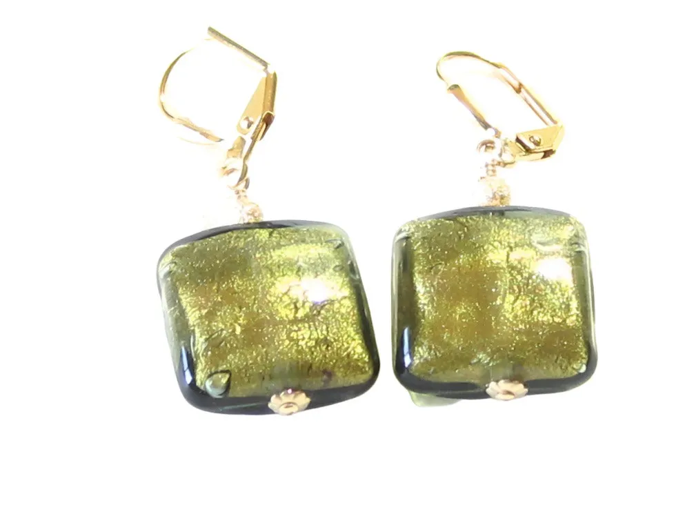 Murano Glass Olive Green Square Gold Earrings, Leverback Earrings