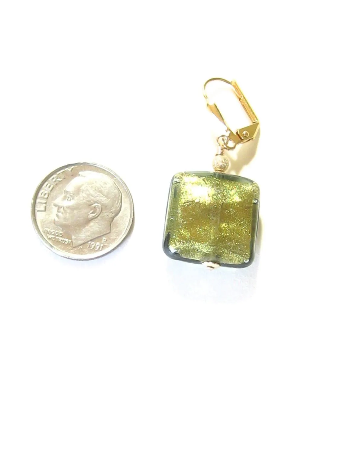 Murano Glass Olive Green Square Gold Earrings, Leverback Earrings