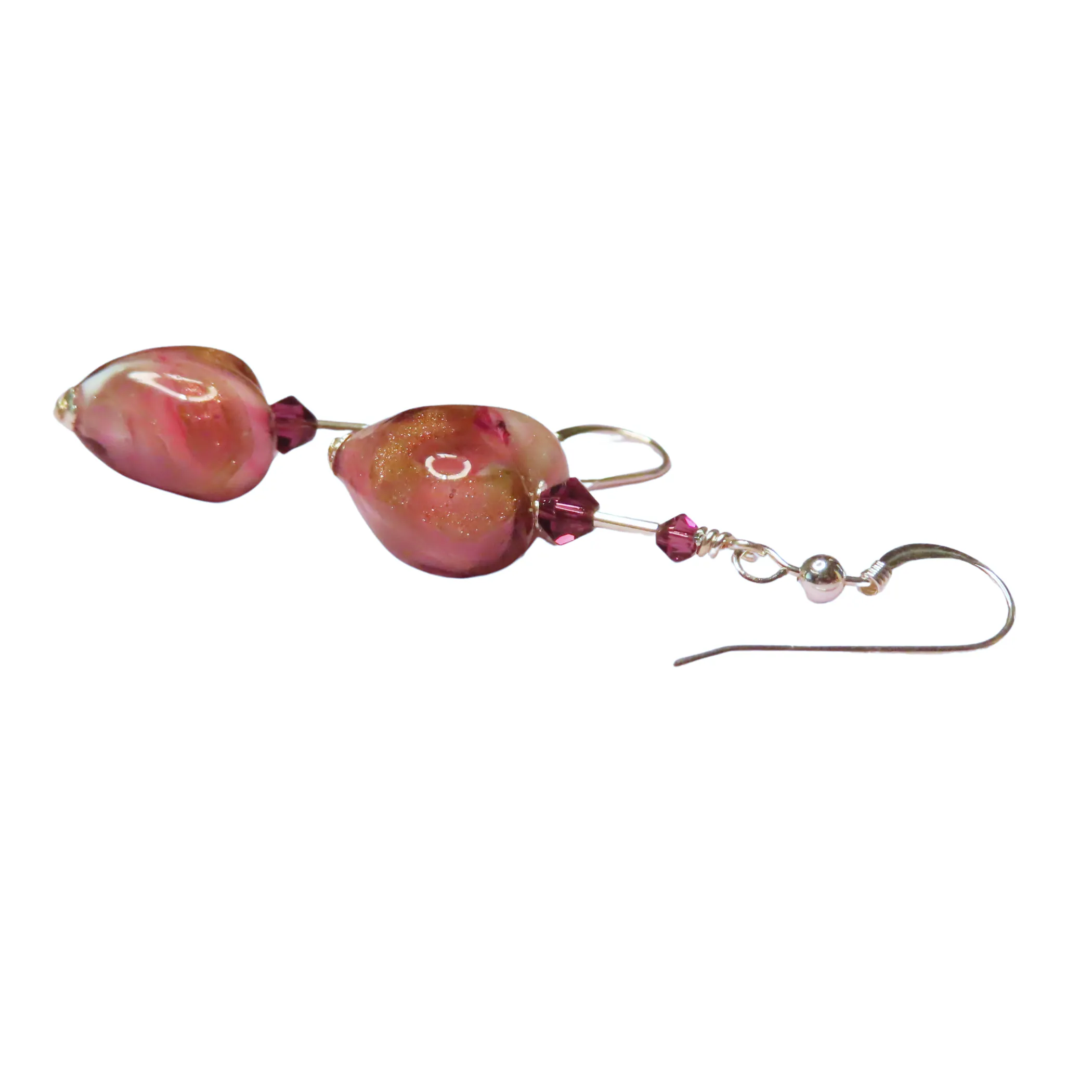 Murano Glass Pink Swirl Heart Sterling Silver Earrings