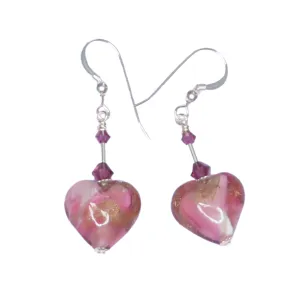 Murano Glass Pink Swirl Heart Sterling Silver Earrings