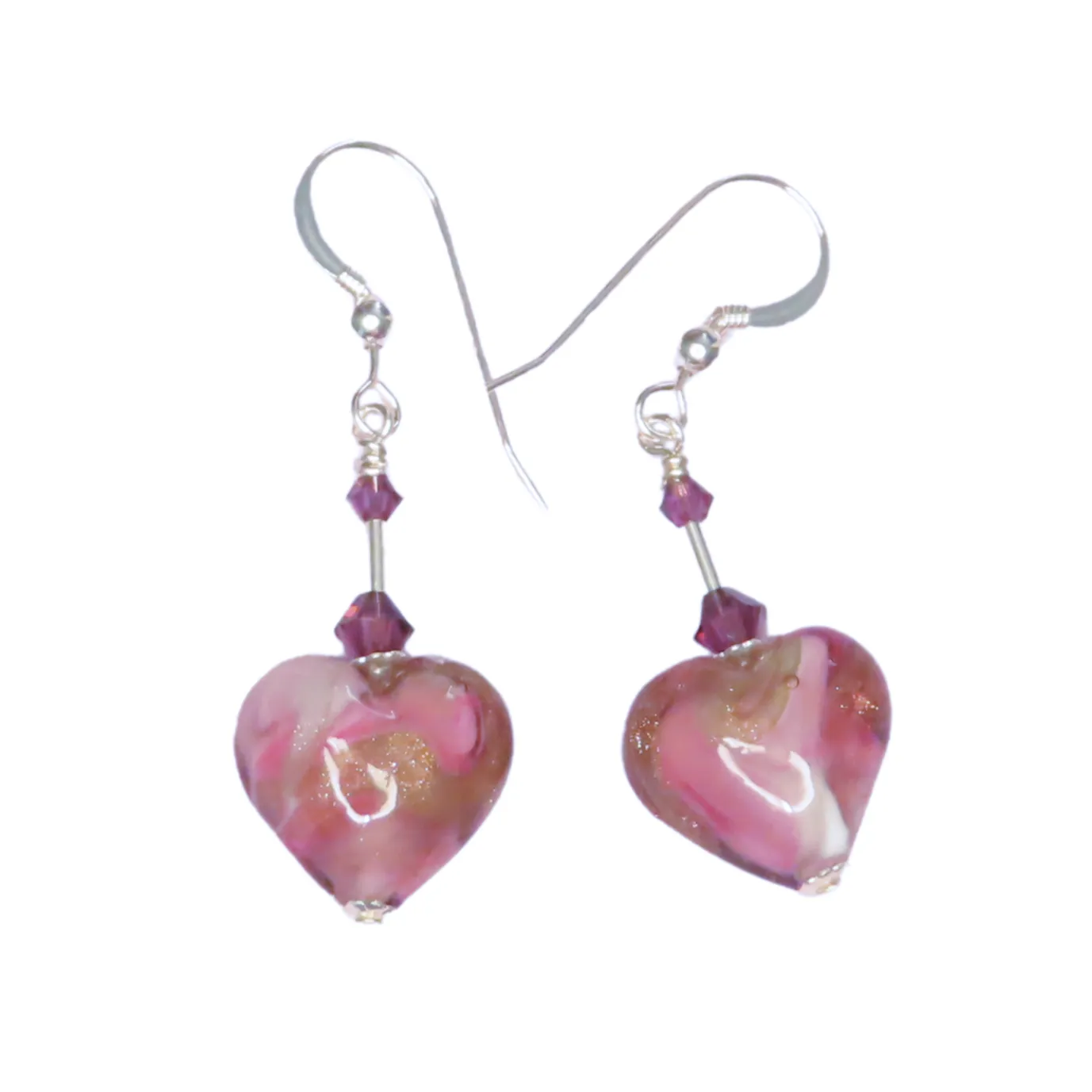 Murano Glass Pink Swirl Heart Sterling Silver Earrings