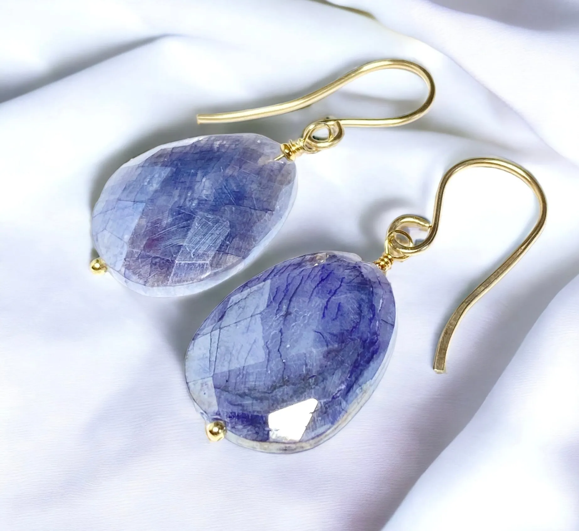 Mystic Blue Sapphire Slice Earrings Gold Fill