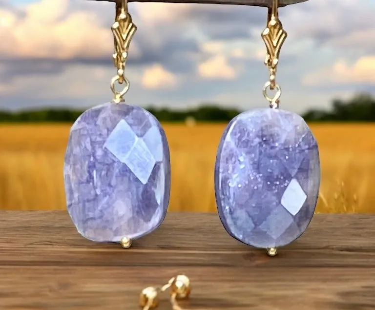 Mystic Blue Sapphire Slice Earrings Gold Fill