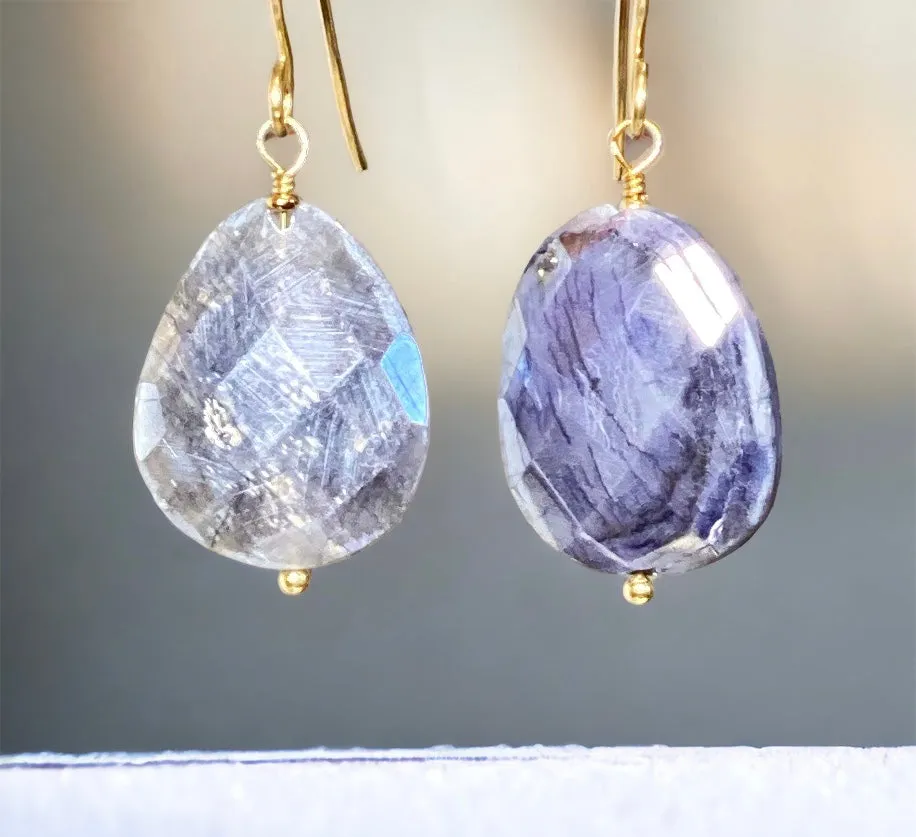 Mystic Blue Sapphire Slice Earrings Gold Fill