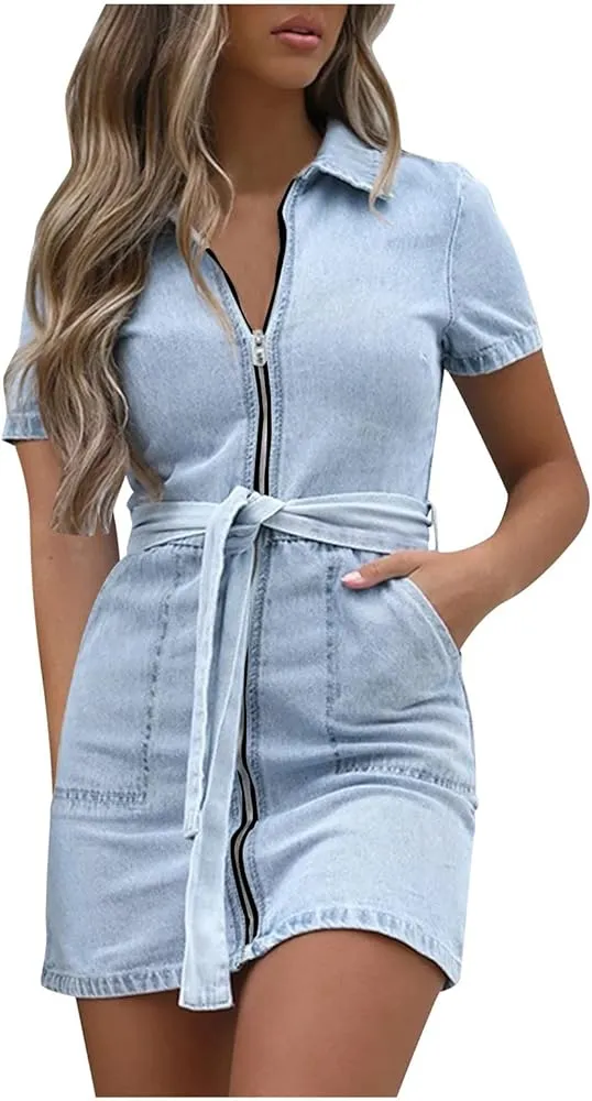 New Fulbant Women Denim Dress Waist Belt Pockets Short Sleeve Bodycon Dress Zipper front, light blue, Sz M, Fits S-M! Retails $57 