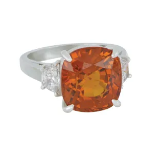 Oscar Heyman Platinum cushion Orange Sapphire 10.24ct Certified 2-Trapezoid Diamonds 0.72ctw FG/VS, Size 6