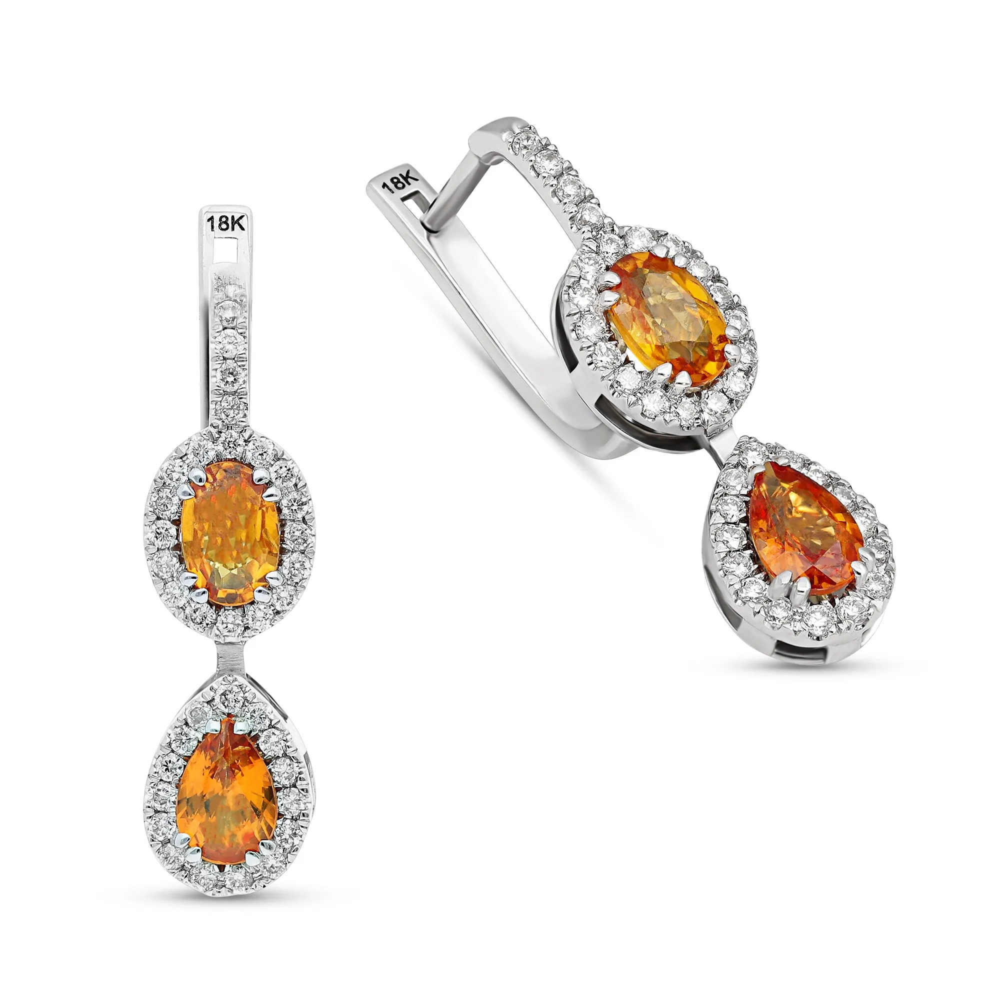 Oval and Pear Orange Sapphire Double Drop Earrings - 3.3 Carat