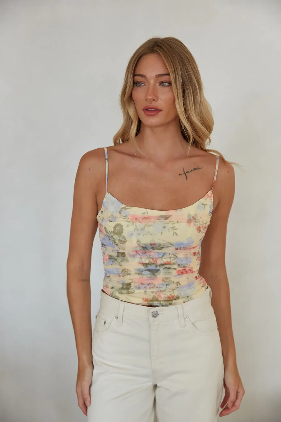 Penelope Ruched Floral Mesh Top