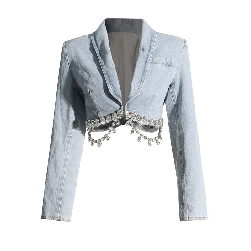 Personality Diamond Embedded Denim Suit