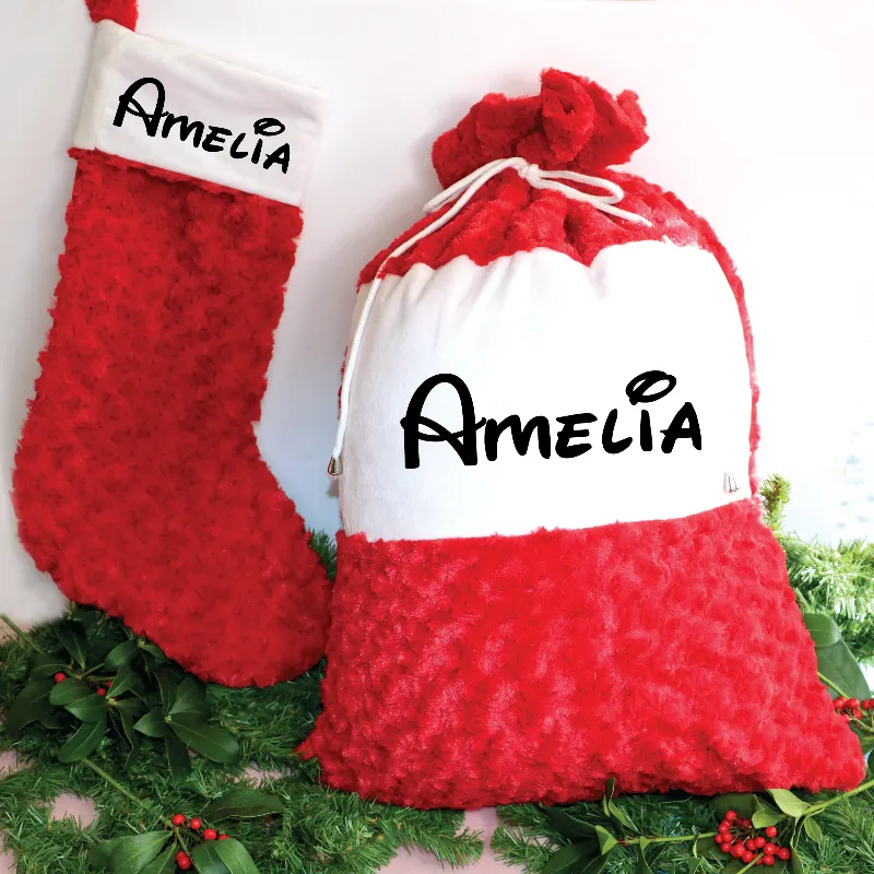 Personalized Luxury Christmas Stocking and Santa Sack in Red