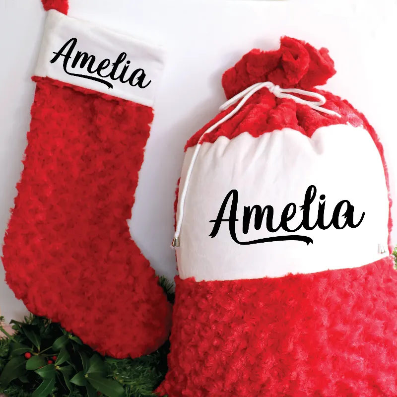 Personalized Luxury Christmas Stocking and Santa Sack in Red