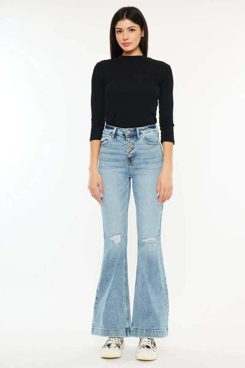 Petite Distressed Flare Jeans by Kan Can