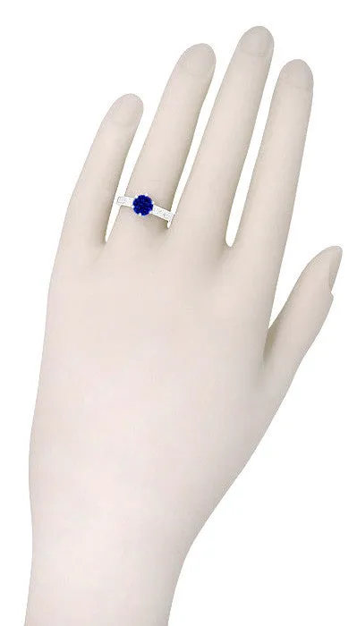 Platinum Filigree Art Deco Crown Solitaire 1.5 Carat Blue Sapphire Engagement Ring - Engraved Scroll Design
