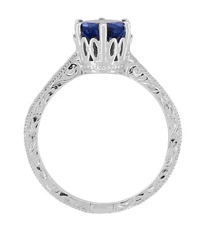 Platinum Filigree Art Deco Crown Solitaire 1.5 Carat Blue Sapphire Engagement Ring - Engraved Scroll Design