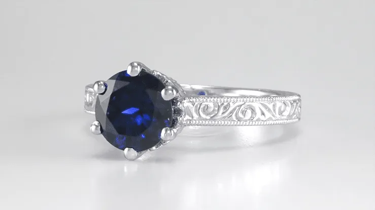 Platinum Filigree Art Deco Crown Solitaire 1.5 Carat Blue Sapphire Engagement Ring - Engraved Scroll Design