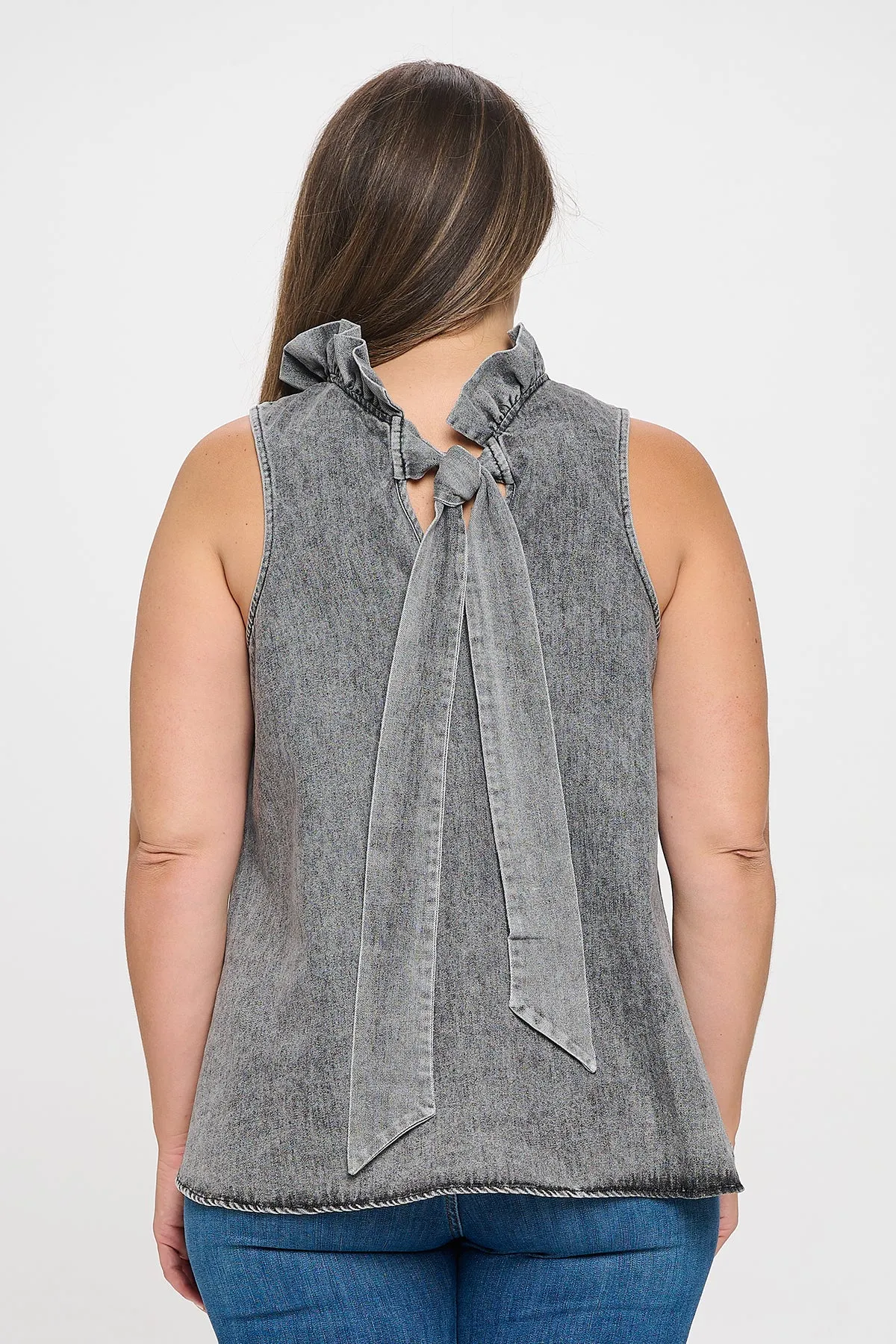 PLUS SIZE SLEEVELESS RUFFLE NECK DENIM TOP