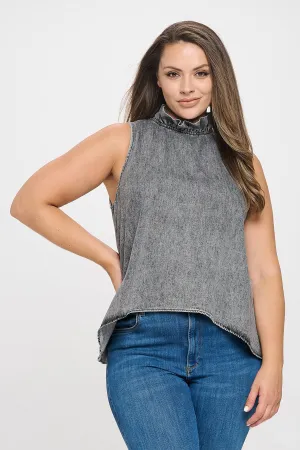 PLUS SIZE SLEEVELESS RUFFLE NECK DENIM TOP