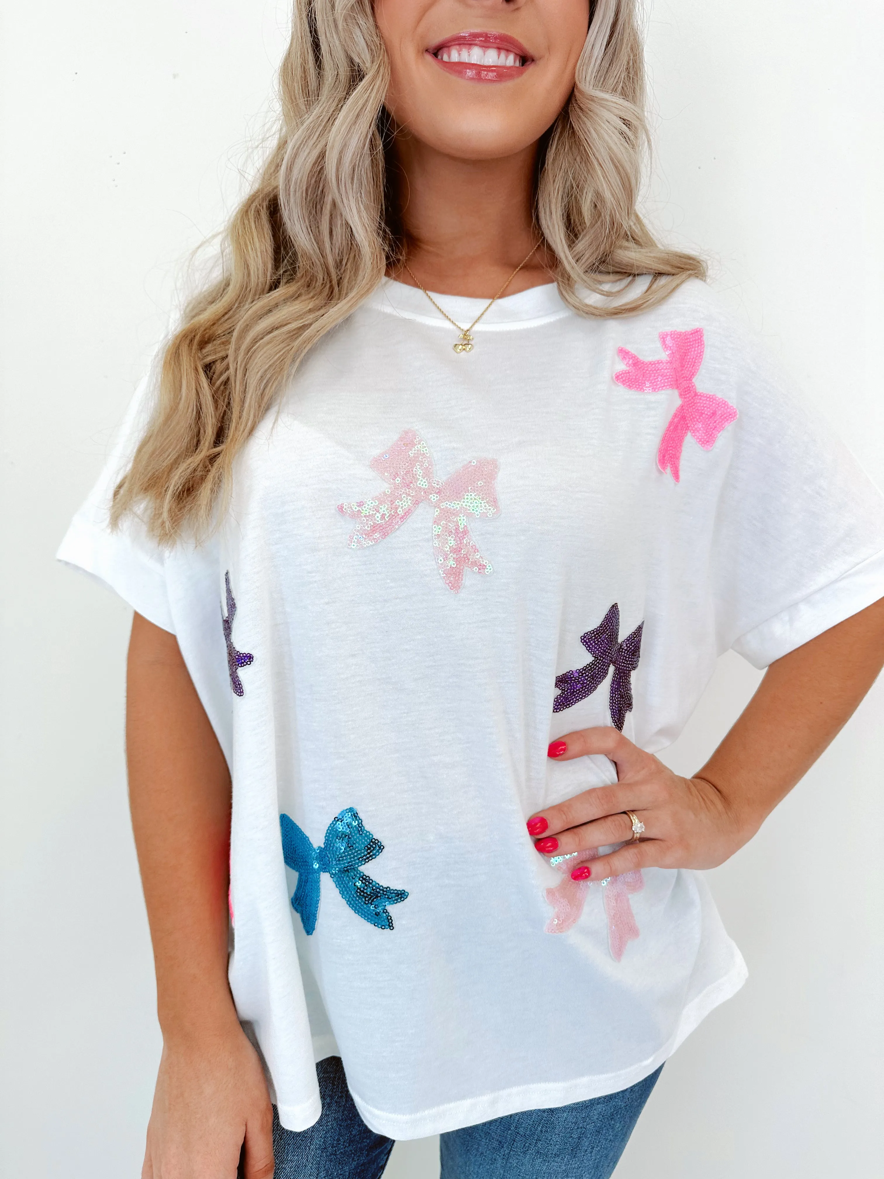 Prismatic Sequin Bow Patch Top - 3 Colors