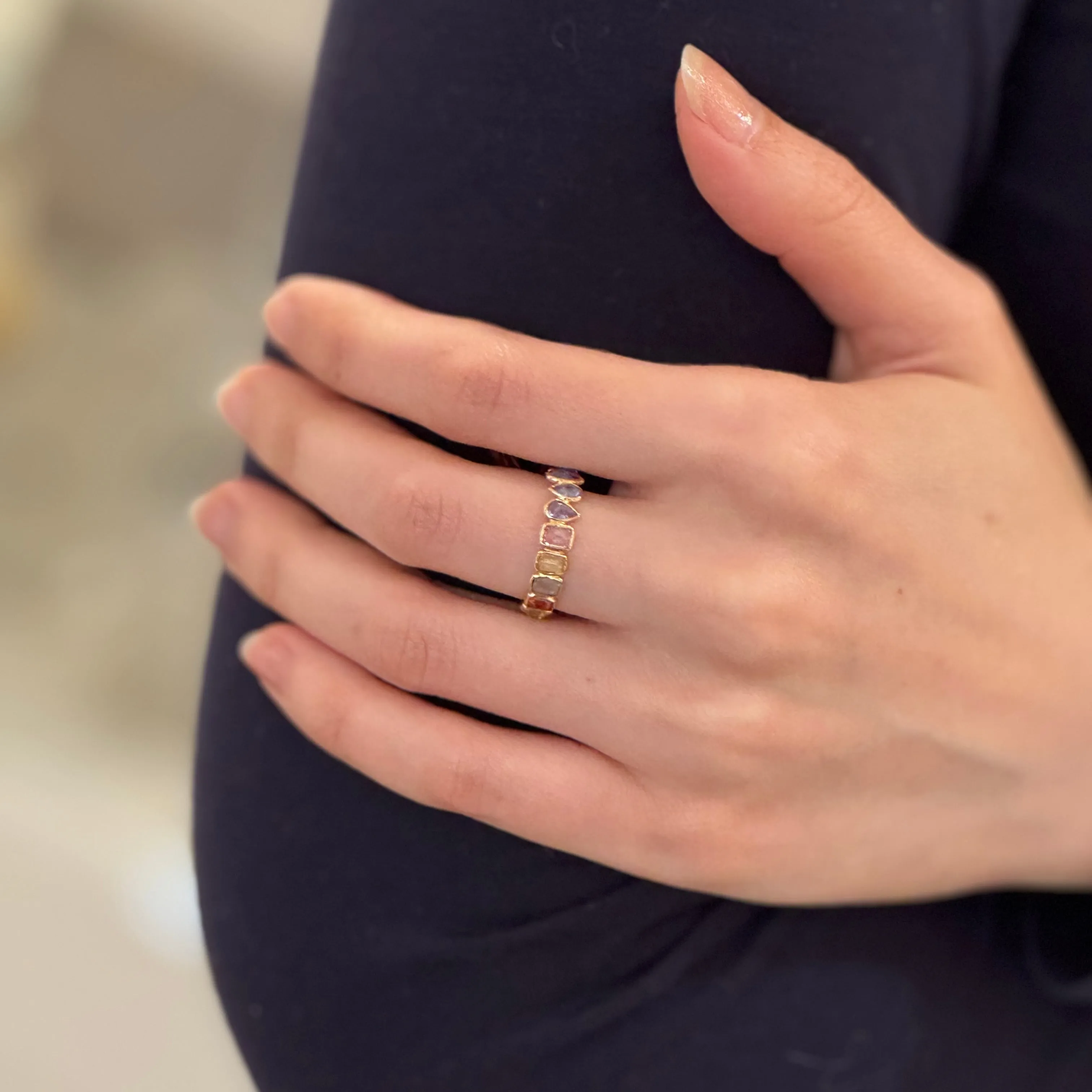 Rainbow Sapphire Tanzanite Eternity Ring In 14K