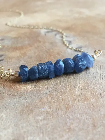 Raw Blue Sapphire Necklace Gold or Sterling Silver