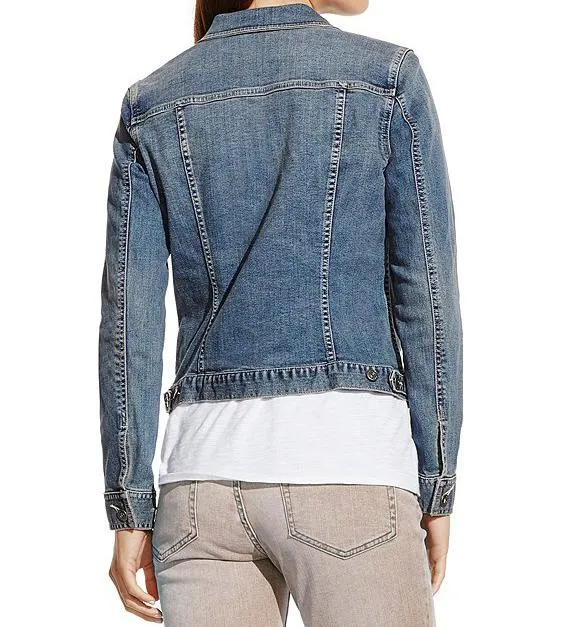 Round Neck Retro Style Diamante Short Denim Jacket with Long Sleeve for Woman