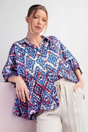Royal Blue Aztec Print Button Down Silk Blouse