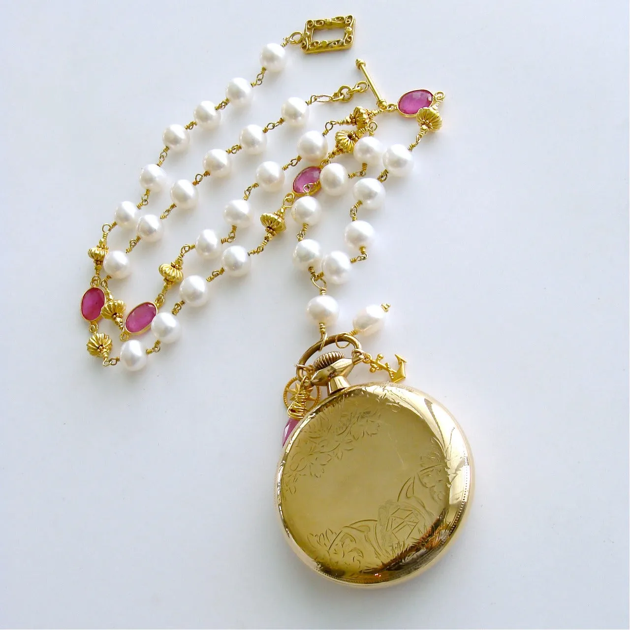 Sailor’s Valentine Pocket Watch Pink Sapphire Baroque Pearls Necklace - Capraia Sailors Valentine Necklace