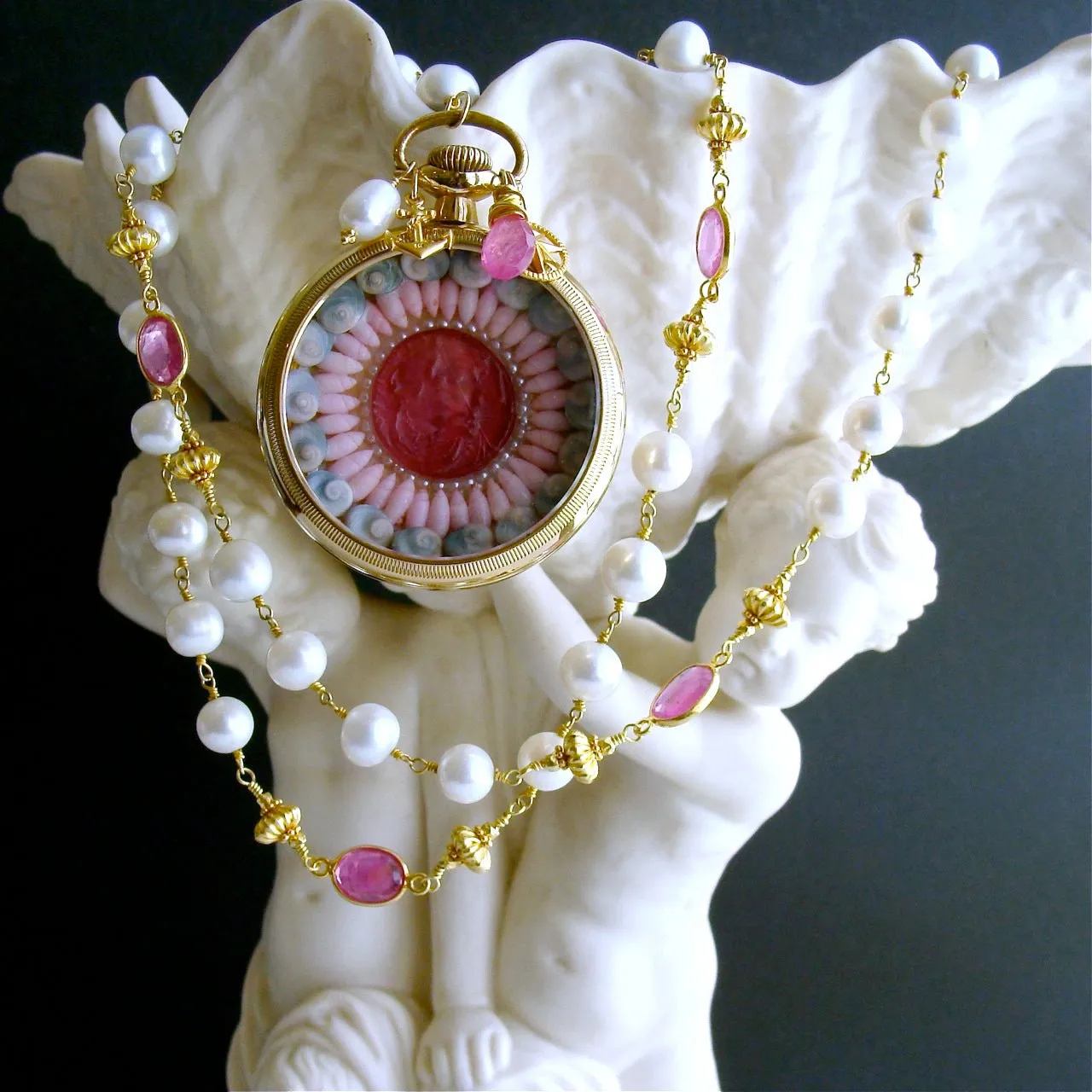 Sailor’s Valentine Pocket Watch Pink Sapphire Baroque Pearls Necklace - Capraia Sailors Valentine Necklace