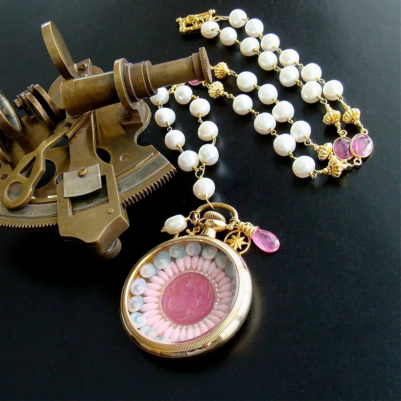 Sailor’s Valentine Pocket Watch Pink Sapphire Baroque Pearls Necklace - Capraia Sailors Valentine Necklace
