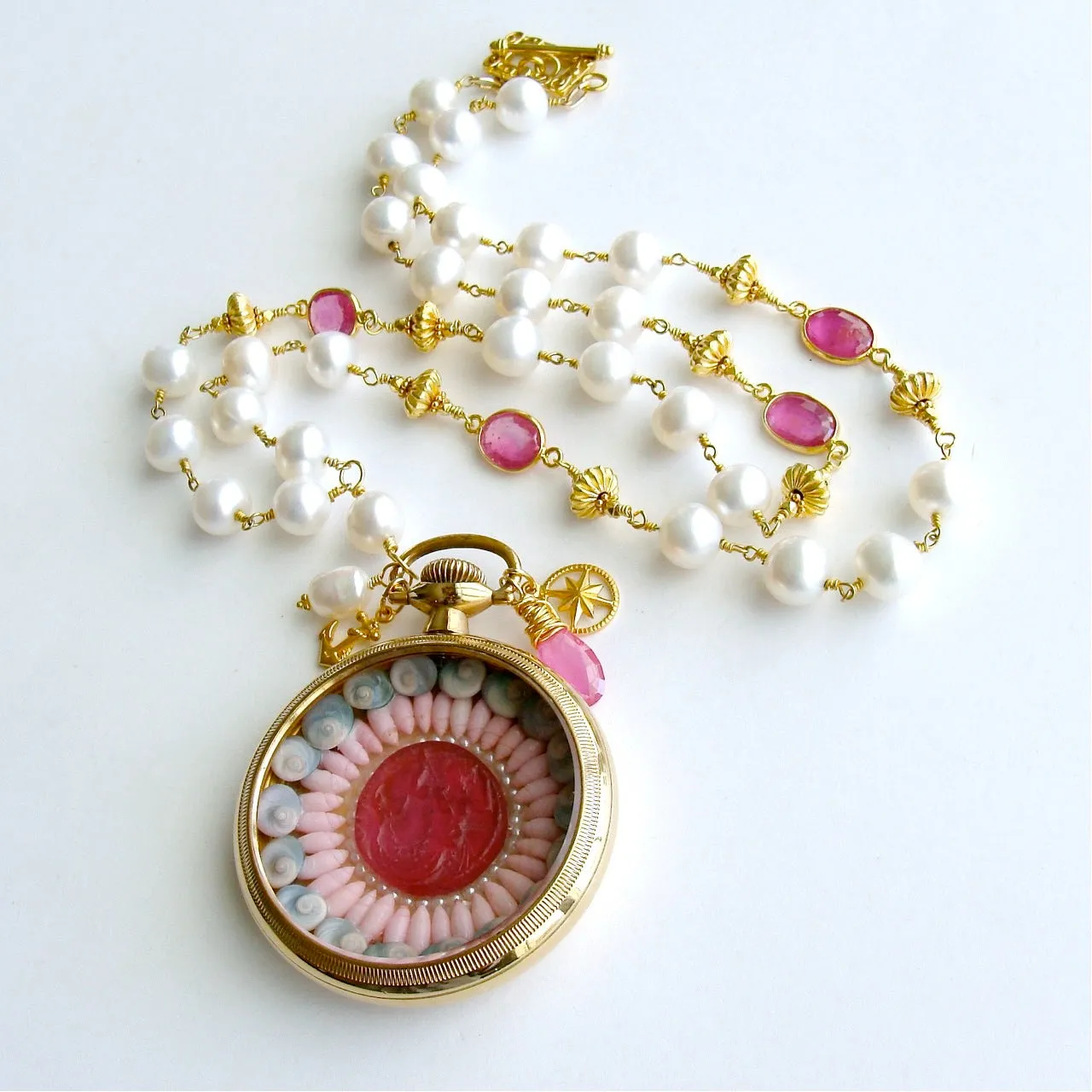 Sailor’s Valentine Pocket Watch Pink Sapphire Baroque Pearls Necklace - Capraia Sailors Valentine Necklace