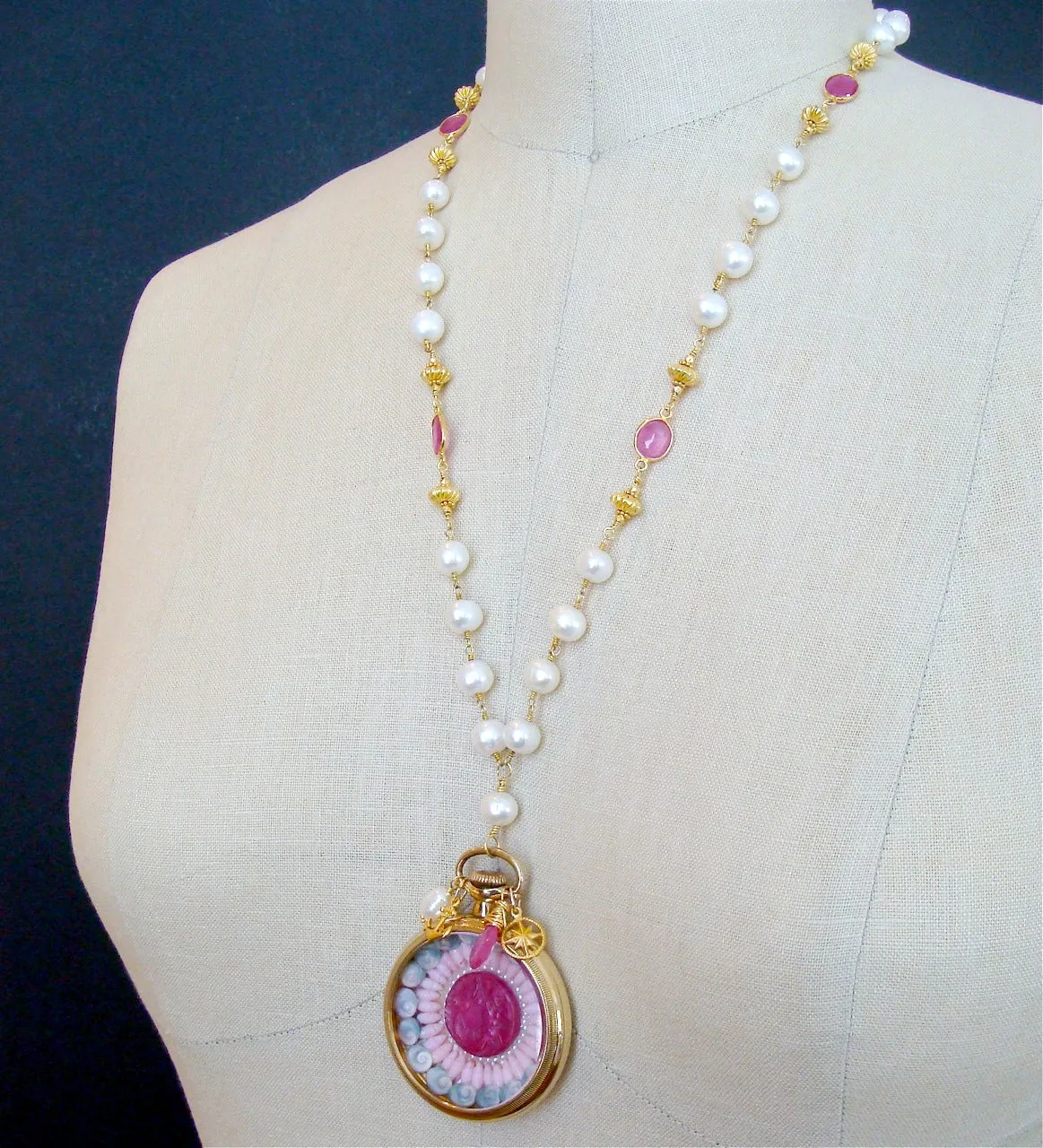 Sailor’s Valentine Pocket Watch Pink Sapphire Baroque Pearls Necklace - Capraia Sailors Valentine Necklace