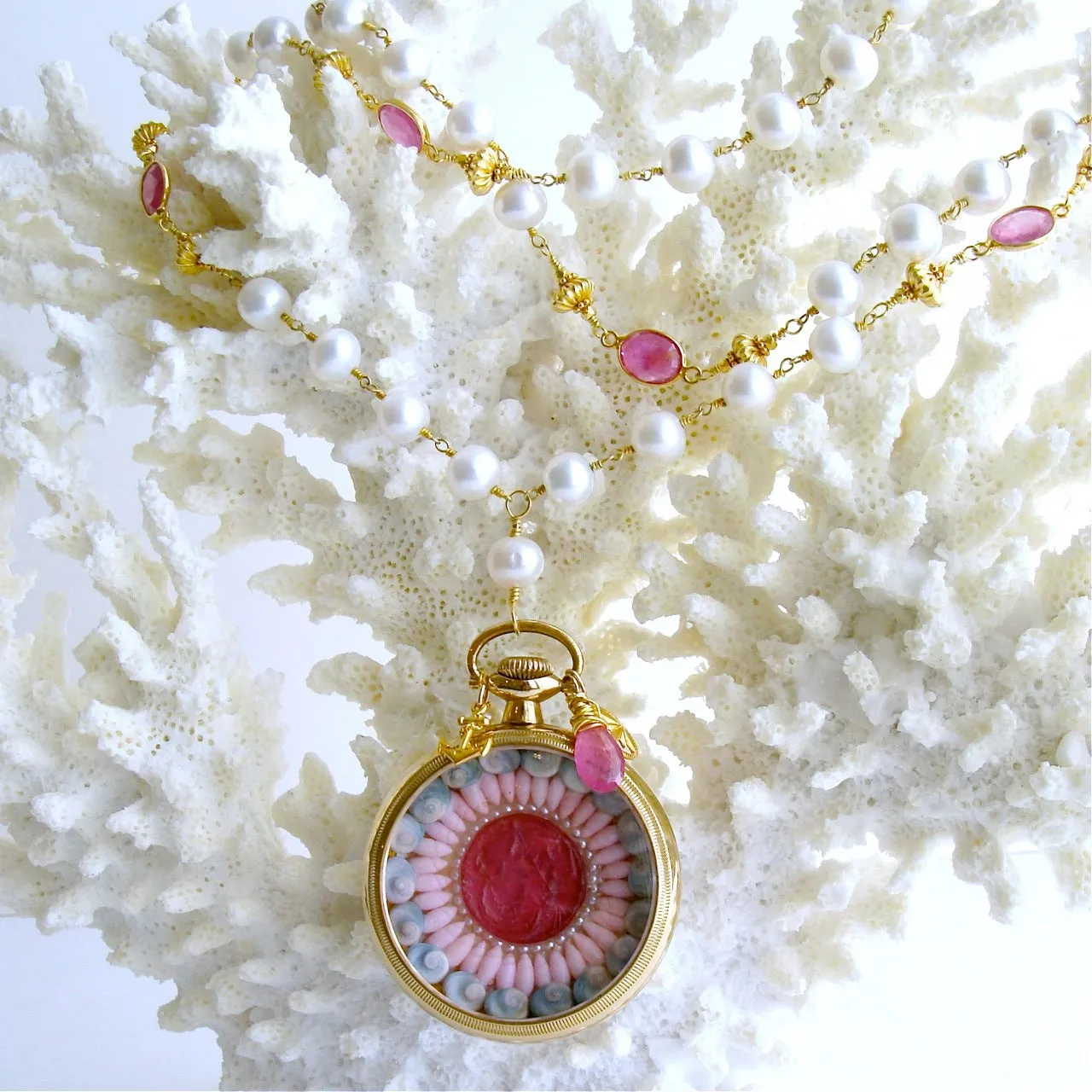 Sailor’s Valentine Pocket Watch Pink Sapphire Baroque Pearls Necklace - Capraia Sailors Valentine Necklace