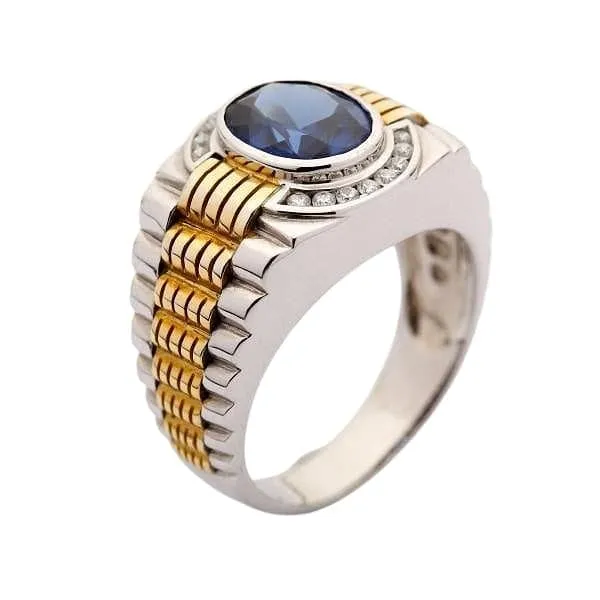 Sapphire Gold Sterling Silver Two Tone Men's Rolex Ring