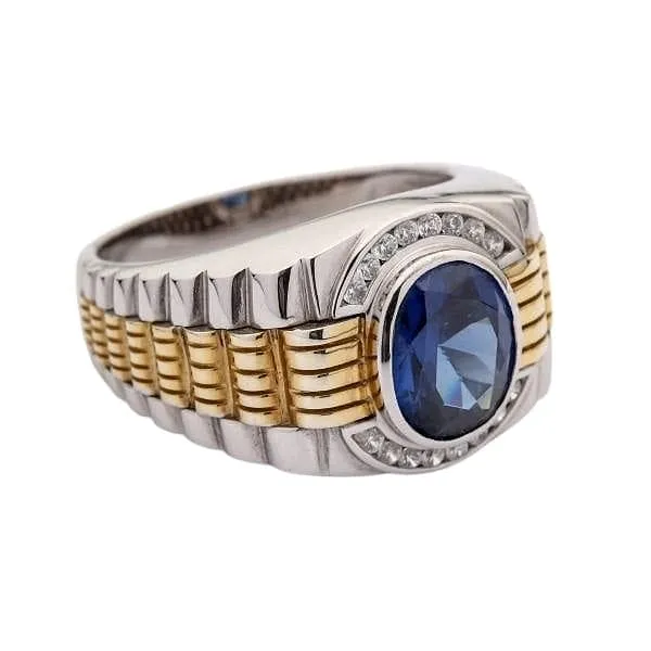 Sapphire Gold Sterling Silver Two Tone Men's Rolex Ring