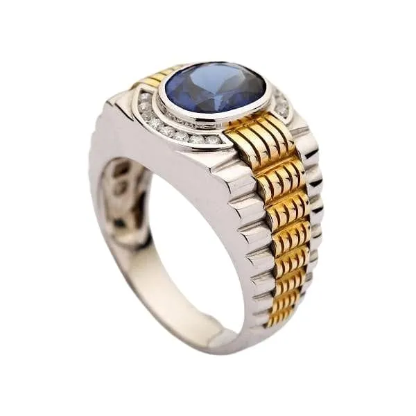 Sapphire Gold Sterling Silver Two Tone Men's Rolex Ring