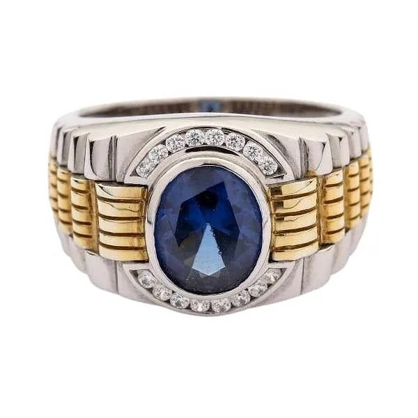 Sapphire Gold Sterling Silver Two Tone Men's Rolex Ring
