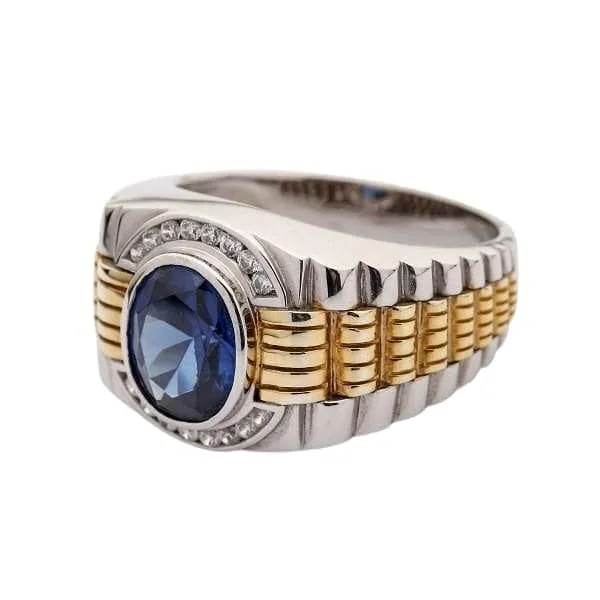 Sapphire Gold Sterling Silver Two Tone Men's Rolex Ring