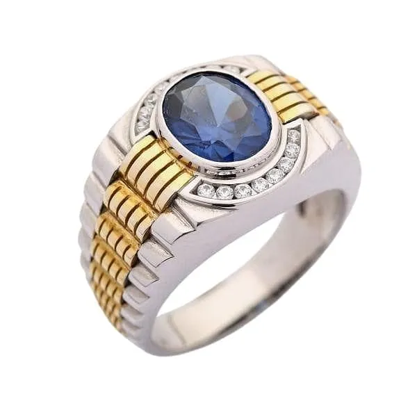 Sapphire Gold Sterling Silver Two Tone Men's Rolex Ring