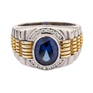 Sapphire Gold Sterling Silver Two Tone Men's Rolex Ring